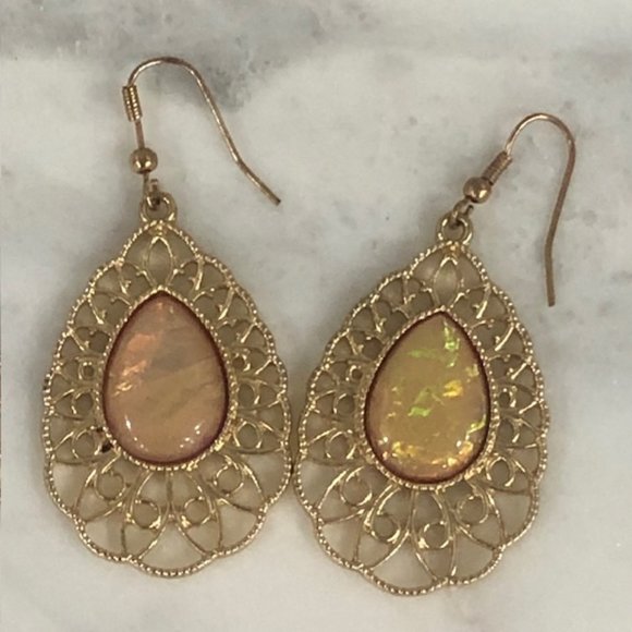 Gold Dangling Earrings with Shiny Orange Stone - Versatile, Dress Up or … - Picture 1 of 3